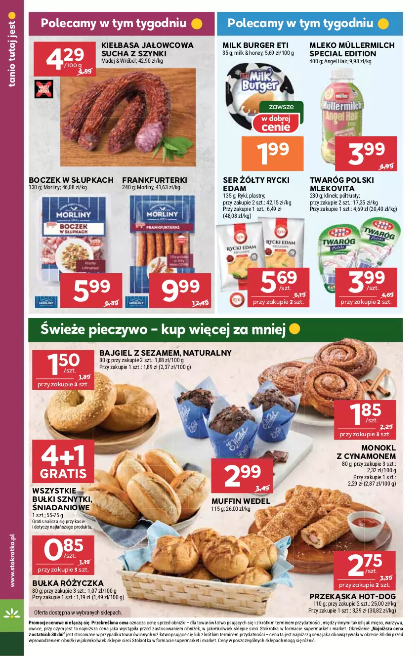 Gazetka promocyjna Stokrotka - Supermarket - ważna 11.09 do 17.09.2025 - strona 14 - produkty: Boczek, Bułka, Burger, Danio, Edam, Frankfurterki, Gra, Kiełbasa, Mięso, Mleko, Mlekovita, Morliny, Müller, Müllermilch, Owoce, Piec, Pieczywo, Rycki Edam, Ser, Sezam, Twaróg, Warzywa