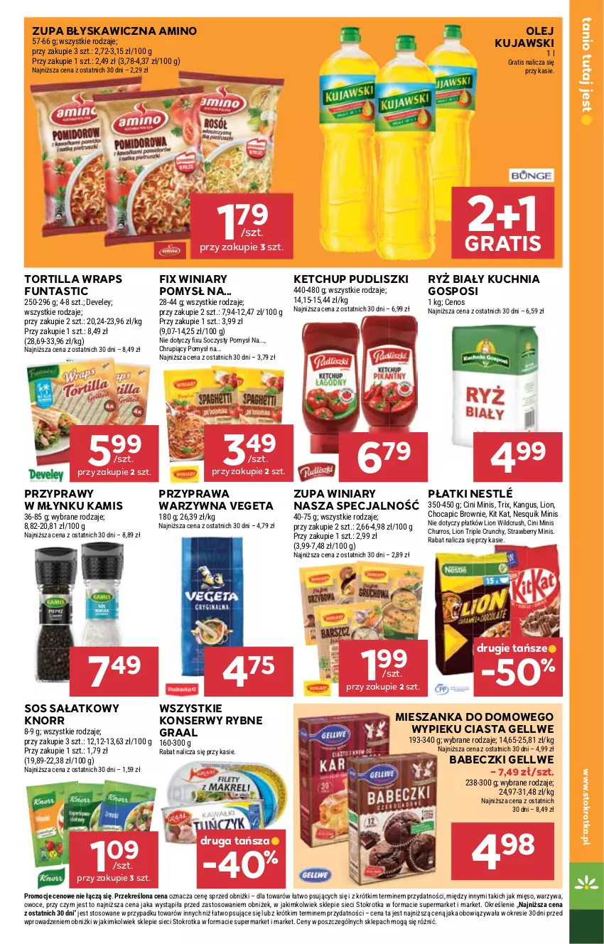 Gazetka promocyjna Stokrotka - Supermarket - ważna 11.09 do 17.09.2025 - strona 19 - produkty: Babeczki, Brownie, Cenos, Cini Minis, Gra, Graal, Kamis, Ketchup, Kit Kat, Knorr, Kuchnia, Kujawski, Lion, Mięso, Nesquik, Nestlé, Olej, Owoce, Przyprawy, Pudliszki, Ryż, Ryż biały, Sałat, Ser, Sos, Tortilla, Vegeta, Warzywa, Winiary, Zupa