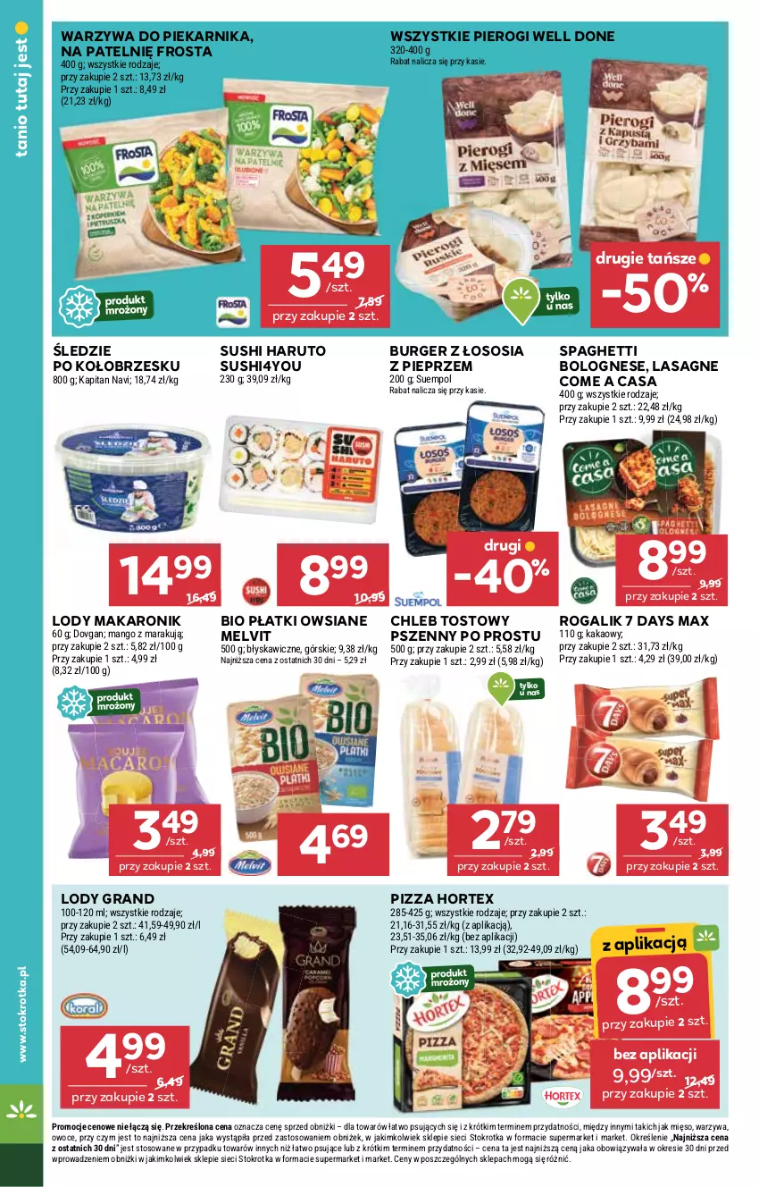 Gazetka promocyjna Stokrotka - Supermarket - ważna 11.09 do 17.09.2025 - strona 32 - produkty: 7 Days, Burger, Chleb, Chleb tostowy, Frosta, Gra, Hortex, Kakao, Lasagne, Lody, Makaron, Mango, Melvit, Mięso, Owoce, Piekarnik, Pieprz, Pierogi, Pizza, Płatki owsiane, Rogal, Sos, Spaghetti, Suempol, Sushi, Warzywa