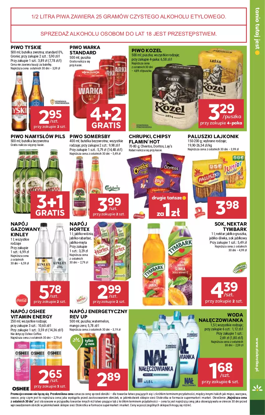 Gazetka promocyjna Stokrotka - Supermarket - ważna 11.09 do 17.09.2025 - strona 33 - produkty: Cheetos, Chipsy, Chrupki, Gra, Hortex, Kozel, Lajkonik, Lay’s, Mango, Melon, Mięso, Mięta, Nałęczowianka, Namysłów, Napój, Napój energetyczny, Napój gazowany, Nektar, Oshee, Owoce, Piwa, Piwo, Sok, Sok jabłkowy, Somersby, Tymbark, Tyskie, Warka, Warzywa, Woda