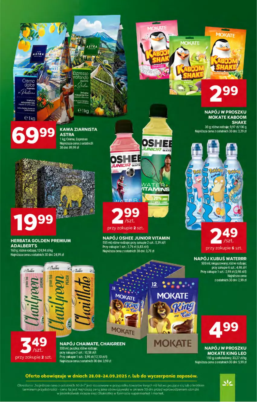 Gazetka promocyjna Stokrotka - Supermarket - ważna 11.09 do 17.09.2025 - strona 45 - produkty: Herbata, Kawa, Kawa ziarnista, Kubuś, Kubuś Waterrr, Napój, Oshee