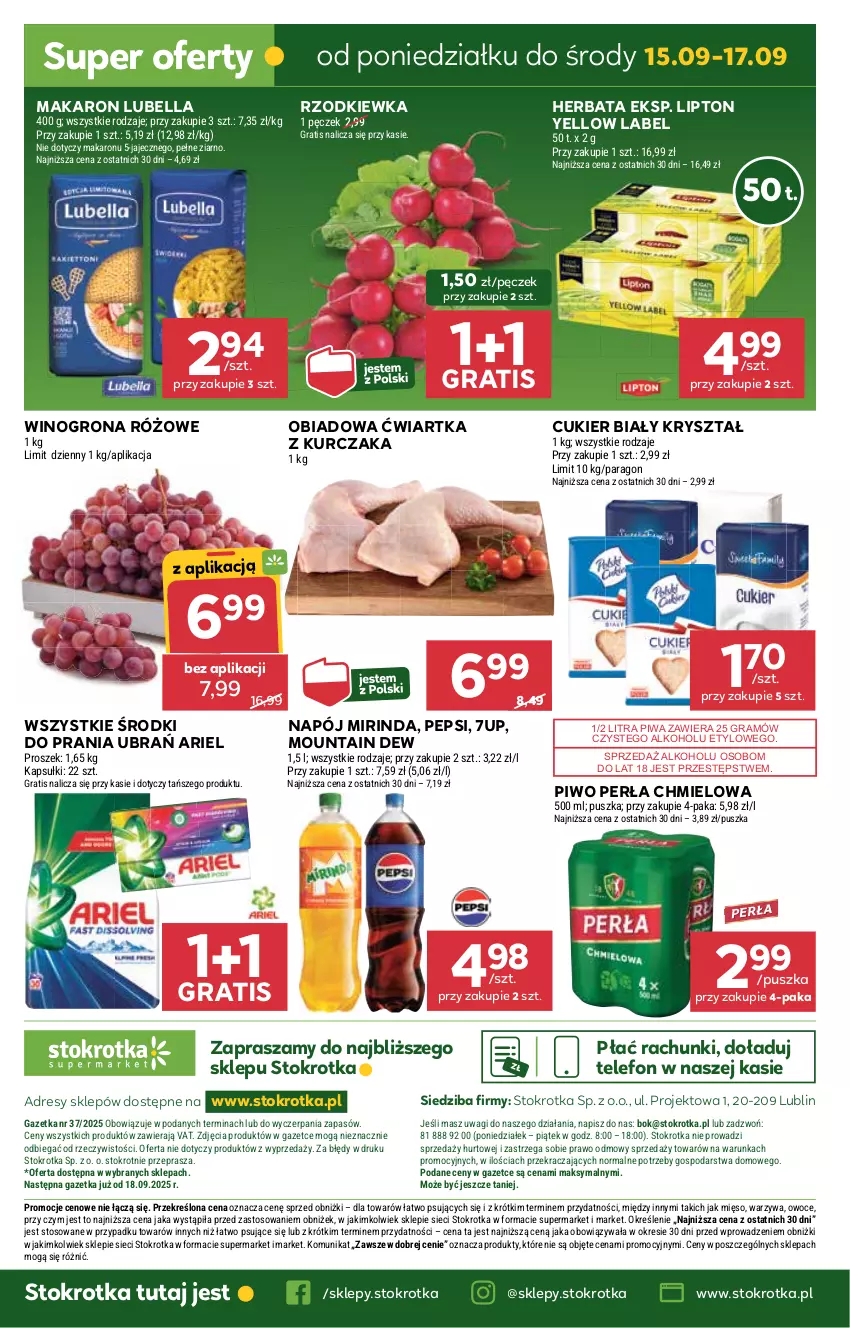 Gazetka promocyjna Stokrotka - Supermarket - ważna 11.09 do 17.09.2025 - strona 48 - produkty: 7up, Ariel, Bell, Bella, Cukier, Dres, Gra, Herbata, JBL, Kurczak, Lipton, Lubella, Makaron, Mięso, Mirinda, Napój, O nas, Owoce, Pepsi, Perła, Piwa, Piwo, Rzodkiewka, Telefon, Wagi, Warzywa, Wino, Winogrona