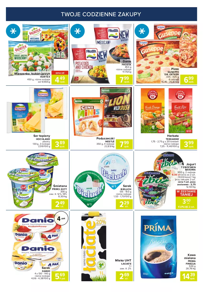 Gazetka promocyjna Carrefour - Gazetka Express - ważna 19.10 do 25.10.2021 - strona 2 - produkty: Bakoma, Bieluch, Bukiet, Danio, Dr. Oetker, Frosta, Herbata, Hochland, Hortex, Jogurt, Kawa, Kawa mielona, Kosz, Mleko, Nestlé, Pizza, Prima, Ser, Ser topiony, Serek, Teekanne, Top, Zott