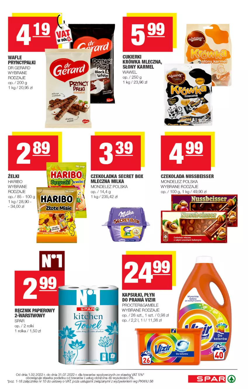 Gazetka promocyjna Spar - Spar - ważna 05.07 do 15.07.2022 - strona 11 - produkty: Cukier, Cukierki, Czekolada, Dr Gerard, Haribo, Milka, Papier, Płyn do prania, Ręcznik, Rolki, Ser, Sok, Vizir, Wafle, Wawel