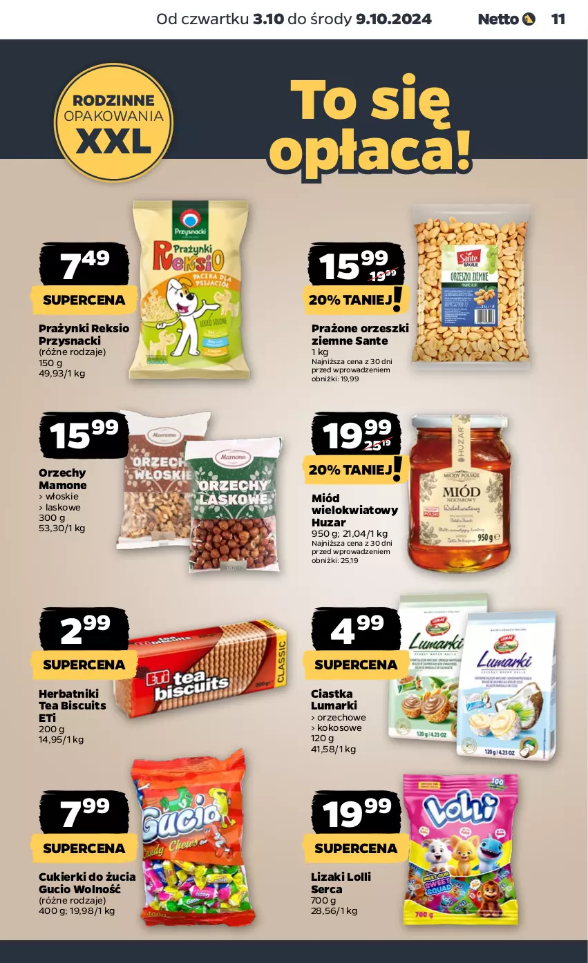 Gazetka promocyjna Netto - Artykuły spożywcze - ważna 03.10 do 09.10.2024 - strona 11 - produkty: Ciastka, Cukier, Cukierki, Herbatniki, Kokos, Lizaki, Miód, Orzeszki, Orzeszki ziemne, Przysnacki, Sante, Ser