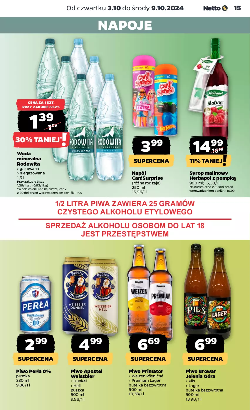 Gazetka promocyjna Netto - Artykuły spożywcze - ważna 03.10 do 09.10.2024 - strona 15 - produkty: Gra, Herbapol, Napój, Napoje, Perła, Piwa, Piwo, Prima, Syrop, Woda, Woda mineralna