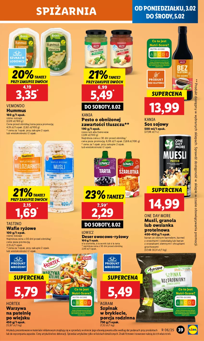 Gazetka promocyjna Lidl - GAZETKA - ważna 03.02 do 05.02.2025 - strona 41 - produkty: Deser, Gra, Granola, Groch, Hortex, Hummus, Mus, Owsianka, Pesto, Por, Ryż, Ser, Sos, Sos sojowy, Szarlotka, Szpinak, Tarta, Wafle, Warzywa