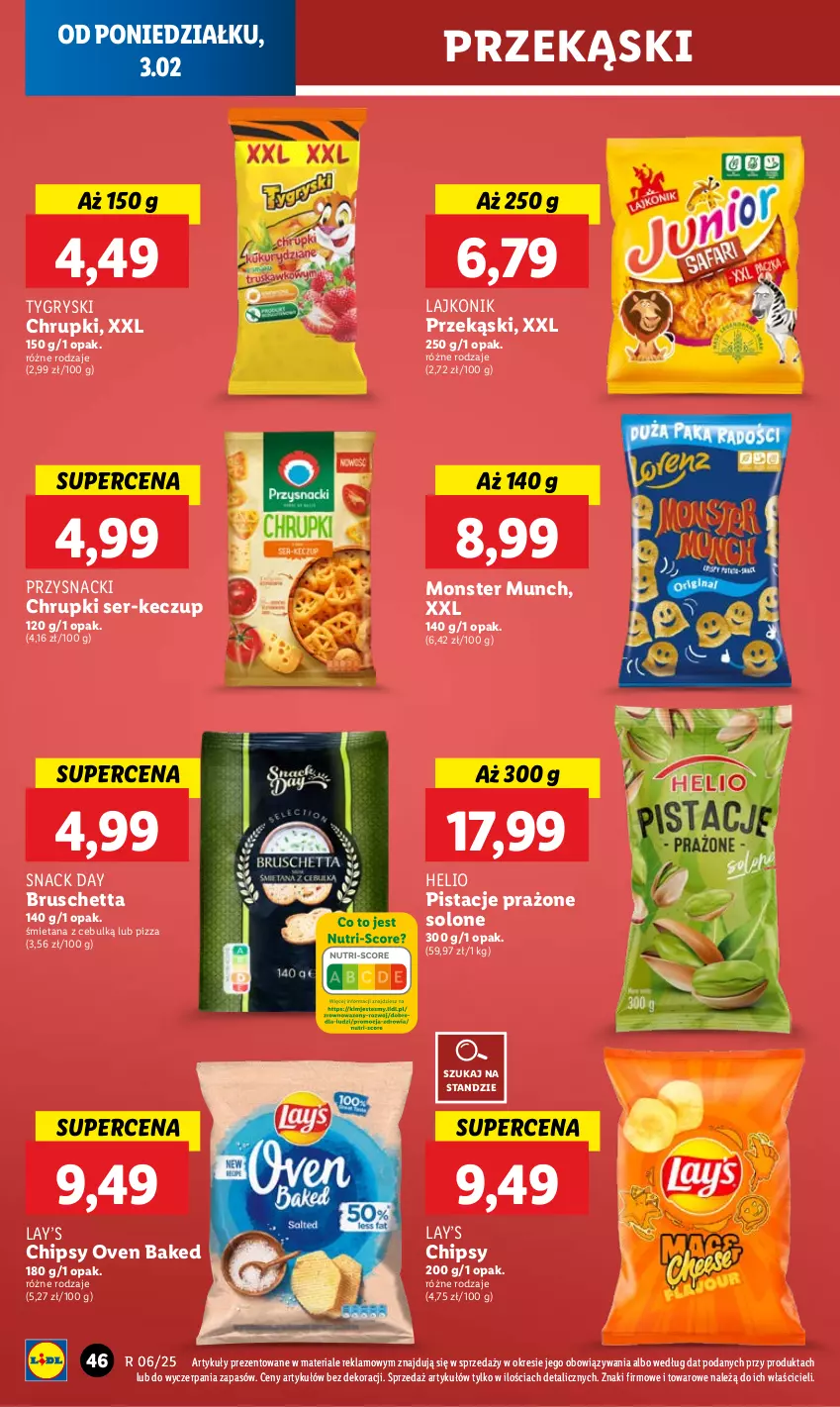 Gazetka promocyjna Lidl - GAZETKA - ważna 03.02 do 05.02.2025 - strona 50 - produkty: Chipsy, Chrupki, Gry, Helio, Lajkonik, Lay’s, Monster Munch, Pistacje, Pizza, Przysnacki, Ser