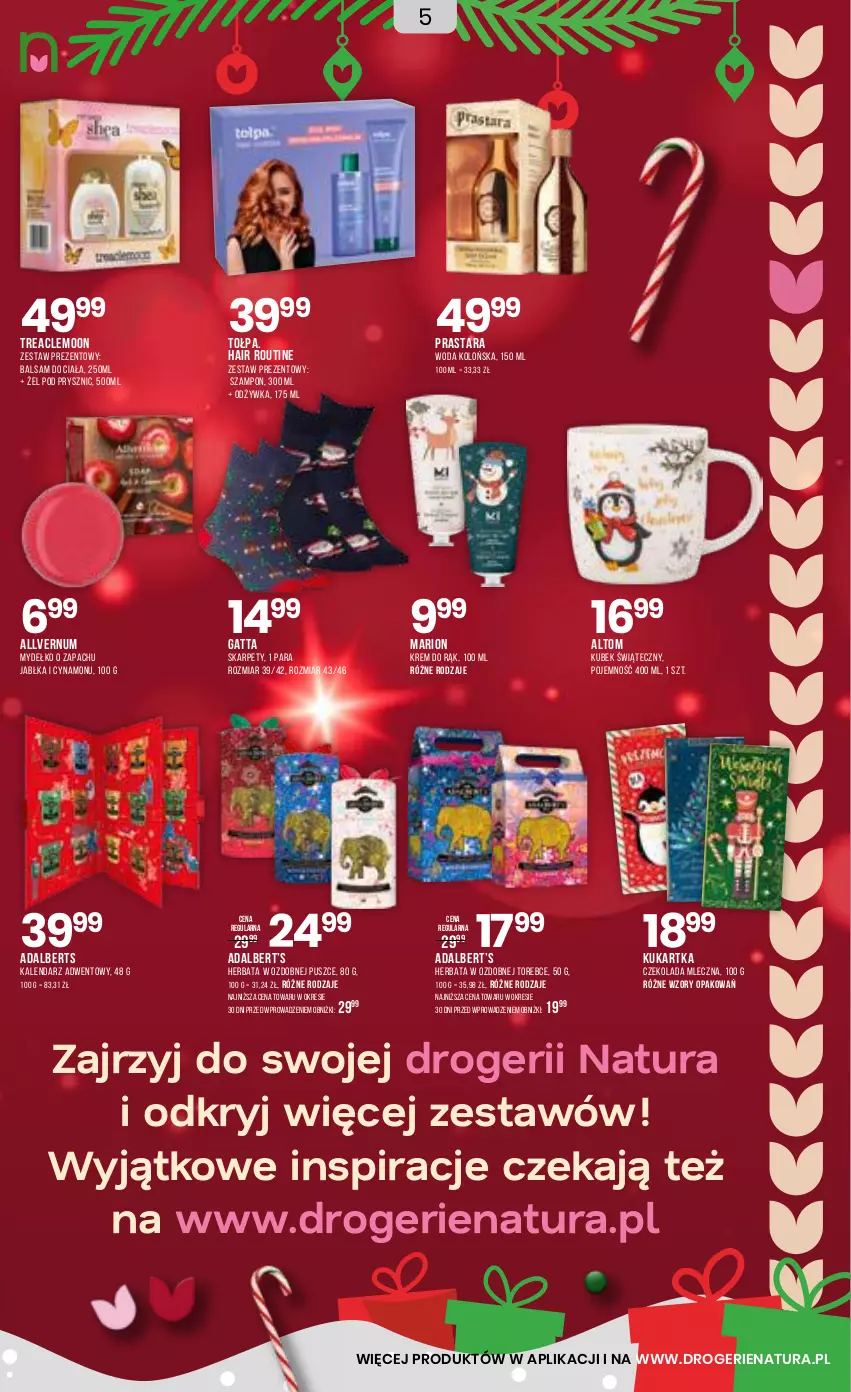 Gazetka promocyjna Drogerie Natura - Gazetka Drogerie Natura - ważna 27.11 do 09.12.2025 - strona 5 - produkty: Balsam do ciała, Czekolada, Czekolada mleczna, Gatta, Herbata, Jabłka, Kalendarz, Kalendarz adwentowy, Karp, Krem do rąk, Kubek, Odżywka, Szampon, Tołpa, Woda, Woda kolońska, Zestaw prezentowy
