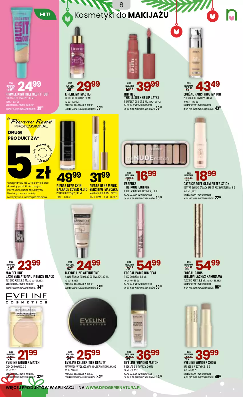 Gazetka promocyjna Drogerie Natura - Gazetka Drogerie Natura - ważna 27.11 do 09.12.2025 - strona 8 - produkty: Bell, Brit, Bronzer, Catrice, Cień, Eveline, Lack, Lion, Lirene, Makijaż, Maska, Maskara, Maybelline, Paleta, Pierre René, Podkład, Podkład do twarzy, Puder, Rama, Sati, Tusz