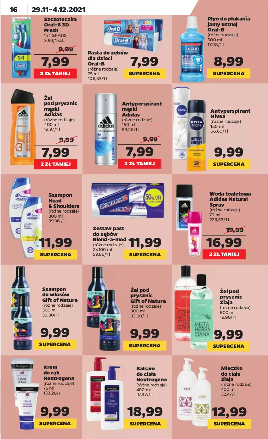 Gazetka promocyjna Netto - Gazetka spożywcza - ważna 29.11 do 04.12.2021 - strona 16 - produkty: Adidas, Antyperspirant, Balsam do ciała, Blend-a-Med, Dzieci, Gift of Nature, Gra, Krem do rąk, Mleczko, Mleczko do ciała, Neutrogena, Nivea, Pasta do zębów, Płyn do płukania, Płyn do płukania jamy ustnej, Szampon, Szczoteczka, Woda, Woda toaletowa, Ziaja