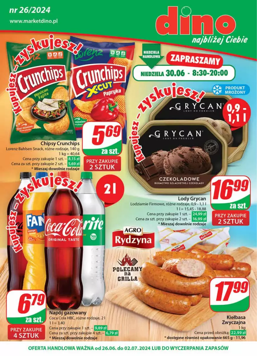 Gazetka promocyjna Dino - Gazetka 26 / 2024 - ważna 26.06 do 02.07.2024 - strona 1 - produkty: Chipsy, Crunchips, Gry, JBL, Kiełbasa, Lody, Lorenz, Napój, Napój gazowany