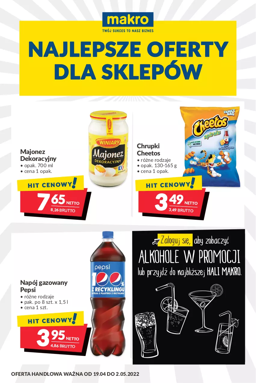 Gazetka promocyjna Makro - [Oferta promocyjna] Artykuły spożywcze i przemysłowe - ważna 19.04 do 02.05.2022 - strona 1 - produkty: Cheetos, Chrupki, Majonez, Napój, Napój gazowany, Pepsi