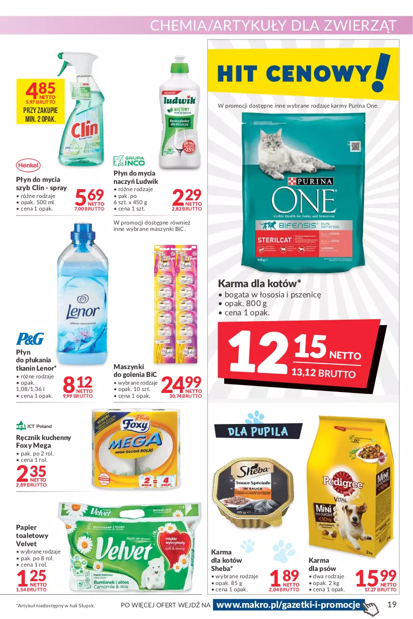 Gazetka promocyjna Makro - [Oferta promocyjna] Artykuły spożywcze i przemysłowe - ważna 19.04 do 02.05.2022 - strona 19 - produkty: BIC, Clin, Do mycia naczyń, Foxy, Lenor, Ludwik, Papier, Papier toaletowy, Płyn do mycia, Płyn do mycia naczyń, Płyn do płukania, Pur, Purina, Ręcznik, Ręcznik kuchenny, Sheba, Sos, Velvet