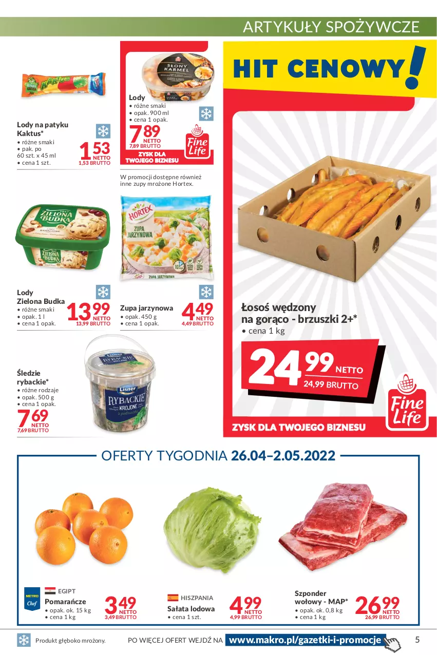 Gazetka promocyjna Makro - [Oferta promocyjna] Artykuły spożywcze i przemysłowe - ważna 19.04 do 02.05.2022 - strona 5 - produkty: Artykuły spożywcze, Hortex, Kaktus, Lody, Pomarańcze, Ryba, Sałat, Sałata lodowa, Szponder wołowy, Zielona Budka, Zupa