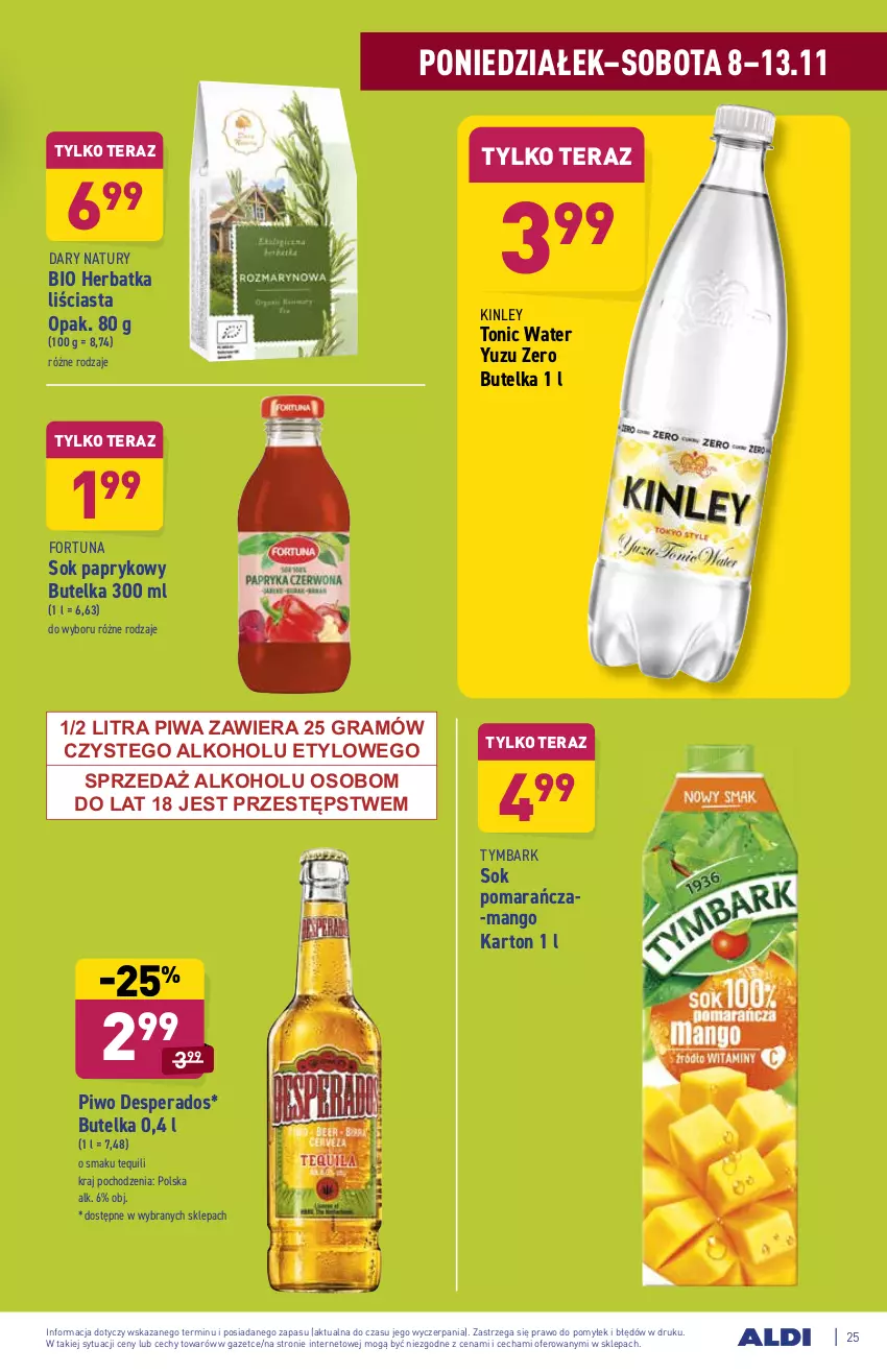 Gazetka promocyjna Aldi - ważna 08.11 do 13.11.2021 - strona 25 - produkty: Desperados, Fortuna, Gra, Mango, Piwa, Piwo, Sok, Tera, Tymbark