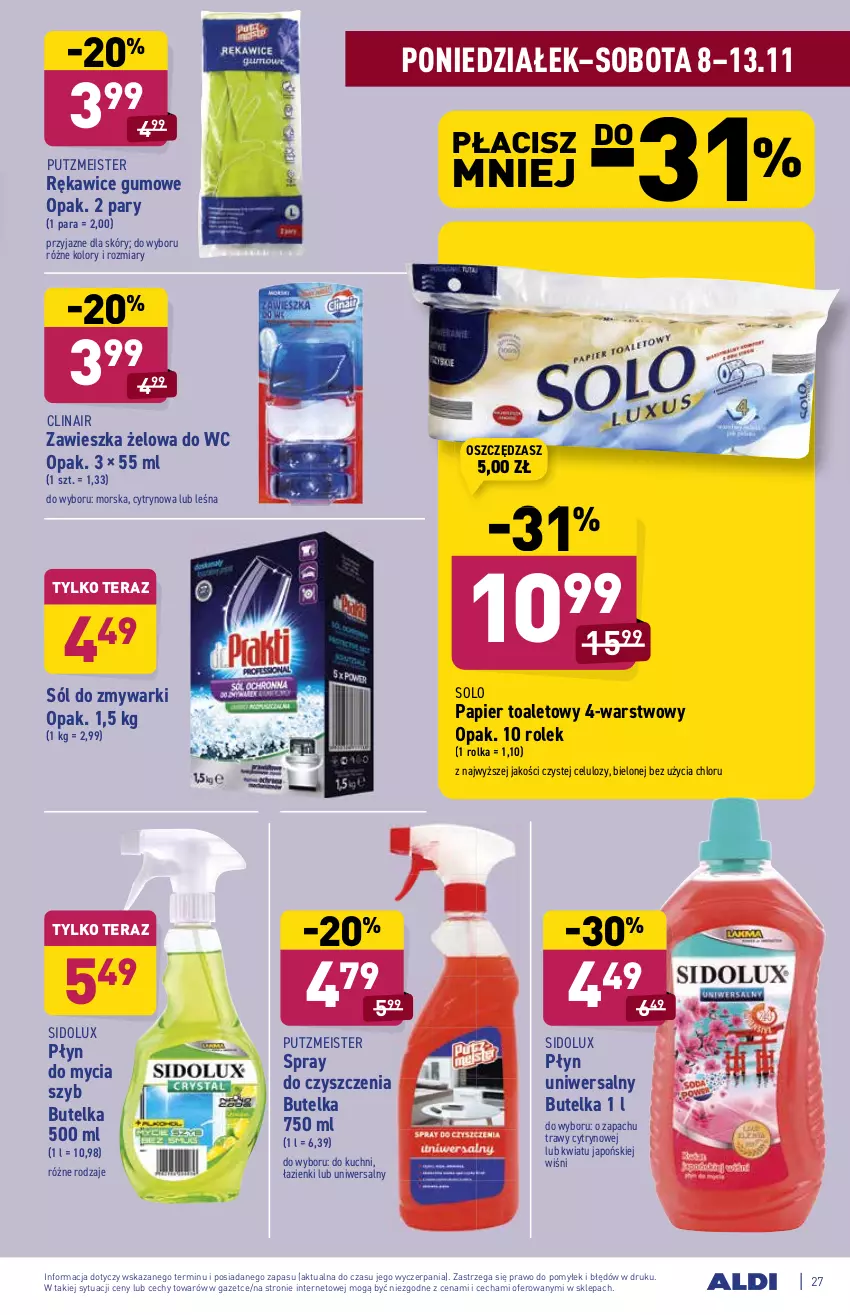 Gazetka promocyjna Aldi - ważna 08.11 do 13.11.2021 - strona 27 - produkty: Clin, Papier, Papier toaletowy, Płyn do mycia, Putzmeister, Rękawice, Sidolux, Sól, Spray do czyszczenia, Tera, Zmywarki