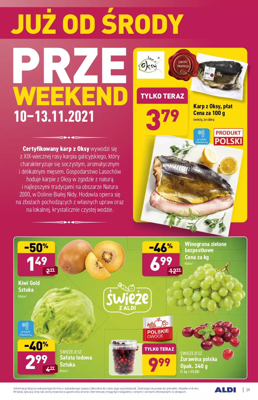 Gazetka promocyjna Aldi - ważna 08.11 do 13.11.2021 - strona 29 - produkty: Karp, Kiwi, Sałat, Sałata lodowa, Tera, Wino, Winogrona