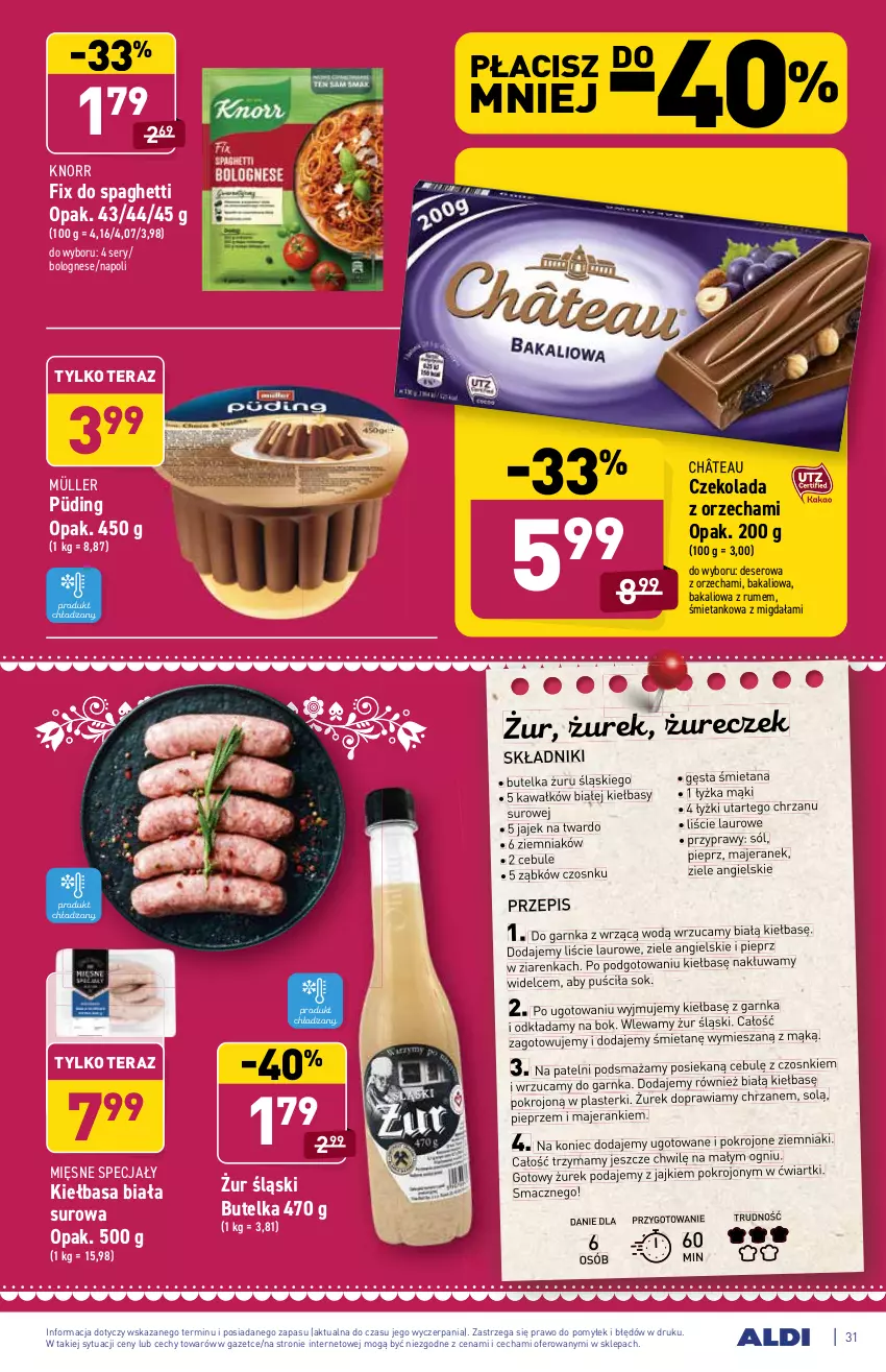 Gazetka promocyjna Aldi - ważna 08.11 do 13.11.2021 - strona 31 - produkty: Chrzan, Czekolada, Deser, Kawa, Kiełbasa, Kiełbasa biała, Knorr, Laur, Mięsne specjały, Müller, Pieprz, Plasterki, Przyprawy, Rum, Ser, Sok, Sól, Spaghetti, Tera, Ziele angielskie, Ziemniaki