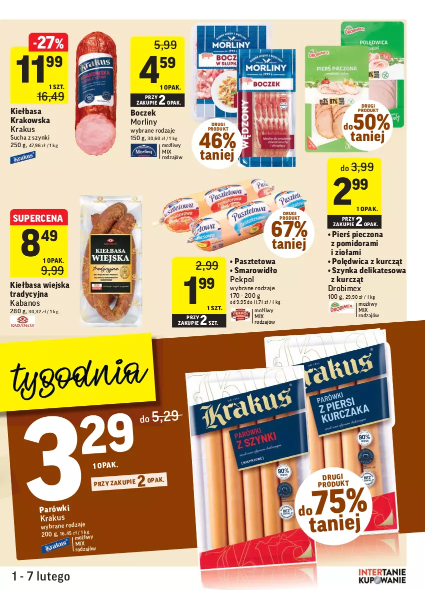 Gazetka promocyjna Intermarche - Gazetka promocyjna - ważna 01.02 do 07.02.2022 - strona 15 - produkty: Boczek, Drobimex, Kabanos, Kiełbasa, Kiełbasa krakowska, Kiełbasa wiejska, Krakus, Morliny, Parówki, Pasztet, Pekpol, Piec, Polędwica, Szynka, Szynka delikatesowa