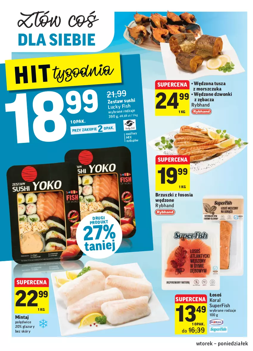 Gazetka promocyjna Intermarche - Gazetka promocyjna - ważna 01.02 do 07.02.2022 - strona 20 - produkty: Brzuszki z łososia, Lazur, Mintaj, Sos, Sushi, Tusz