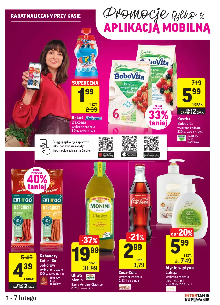 Gazetka promocyjna Intermarche - Gazetka promocyjna - ważna 01.02 do 07.02.2022 - strona 23 - produkty: Bakoma, BoboVita, Coca-Cola, Gin, Kabanos, Luksja, Monini, Mydło, Mydło w płynie, Sok, Sokołów