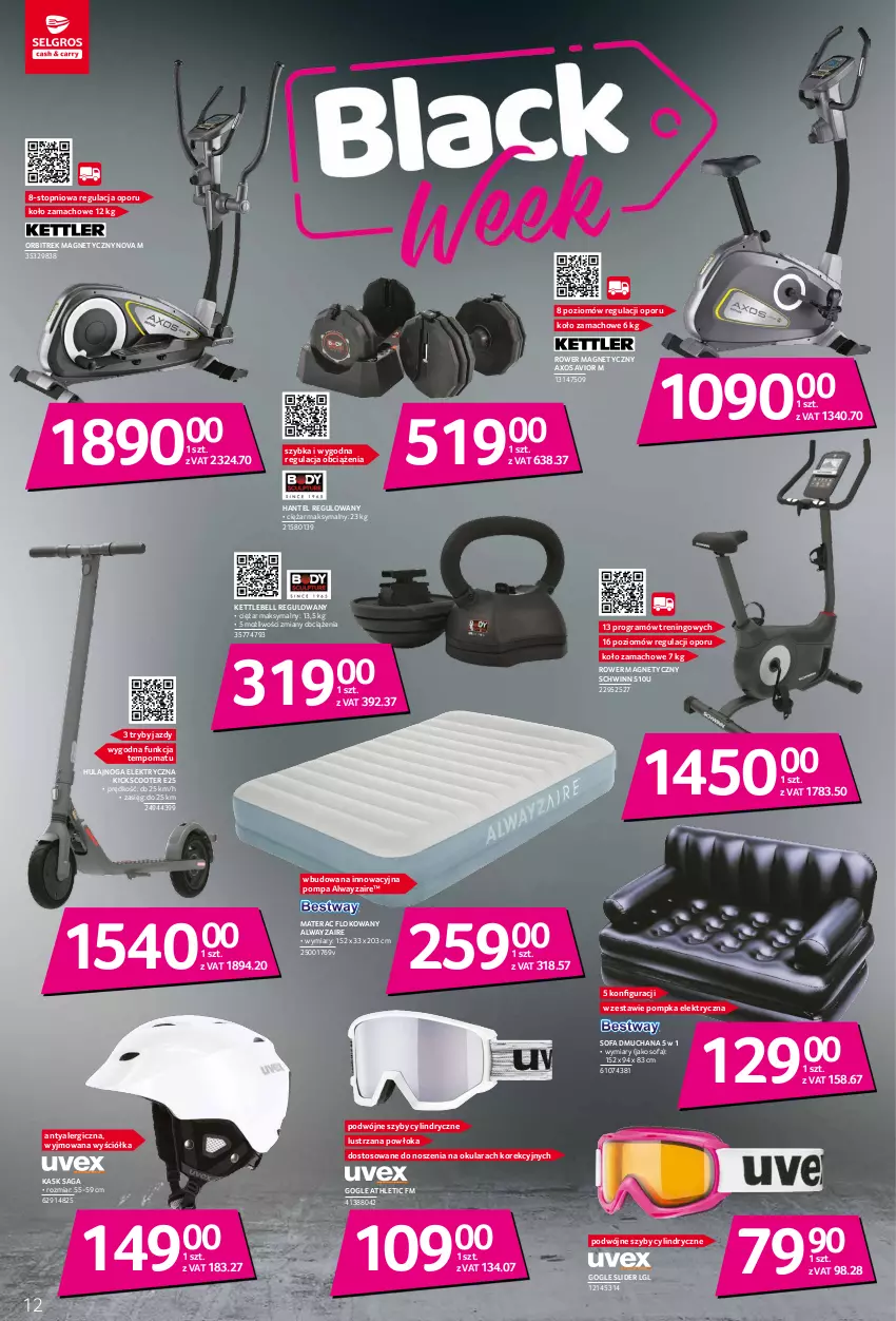 Gazetka promocyjna Selgros - Katalog Wyprzedaż - ważna 10.11 do 24.12.2021 - strona 12 - produkty: Bell, Fa, Gra, Hulajnoga, Hulajnoga elektryczna, Kask, LG, Materac, Orbit, Orbitrek, Pompka, Por, Rower, Saga, Sofa, Tera, Top