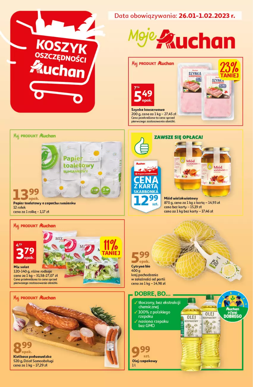 Gazetka promocyjna Auchan - Gazetka Rewelacyjne Marki Auchan Moje Auchan - ważna 26.01 do 01.02.2023 - strona 1 - produkty: Kiełbasa, Miód, Olej, Olej rzepakowy, Papier, Papier toaletowy, Rum, Sałat, Ser, Szynka, Szynka konserwowa, Wawel