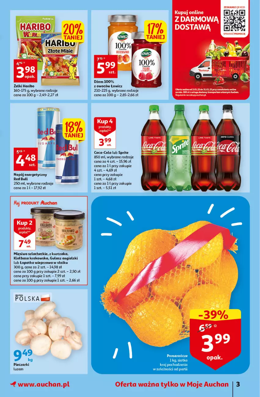 Gazetka promocyjna Auchan - Gazetka Rewelacyjne Marki Auchan Moje Auchan - ważna 26.01 do 01.02.2023 - strona 3 - produkty: Coca-Cola, Dżem, Haribo, Kiełbasa, Kiełbasa krakowska, Kurczak, Napój, Napój energetyczny, Piec, Pomarańcze, Por, Red Bull, Sport, Sprite, Tran