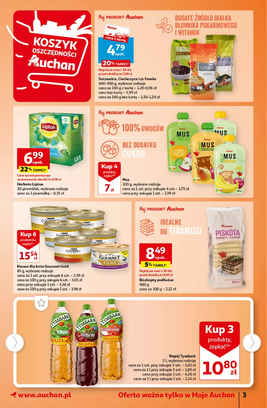 Gazetka promocyjna Auchan - Gazetka TANIE zakupy Moje Auchan - ważna 17.08 do 23.08.2023 - strona 3 - produkty: Biszkopty, Fa, Fasola, Gourmet Gold, Herbata, Lipton, Mus, Napój, Tymbark