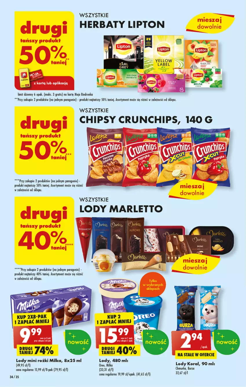 Gazetka promocyjna Biedronka - Gazetka - Biedronka.pl - ważna 13.03 do 18.03.2023 - strona 34 - produkty: Chipsy, Crunchips, Dron, Fa, Gra, Lipton, Lody, Milka, Oreo, Por, Sos