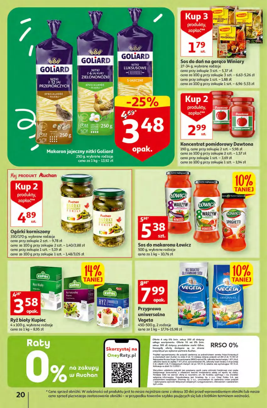 Gazetka promocyjna Auchan - Gazetka Rewelacyjne Wielopaki Hipermarket Auchan - ważna 23.02 do 01.03.2023 - strona 20 - produkty: Dawtona, Fa, Goliard, Koncentrat pomidorowy, Korniszony, Kupiec, Makaron, O nas, Piec, Por, Przyprawa uniwersalna, Ryż, Ryż biały, Sos, Sos do makaronu, Vegeta, Winiary