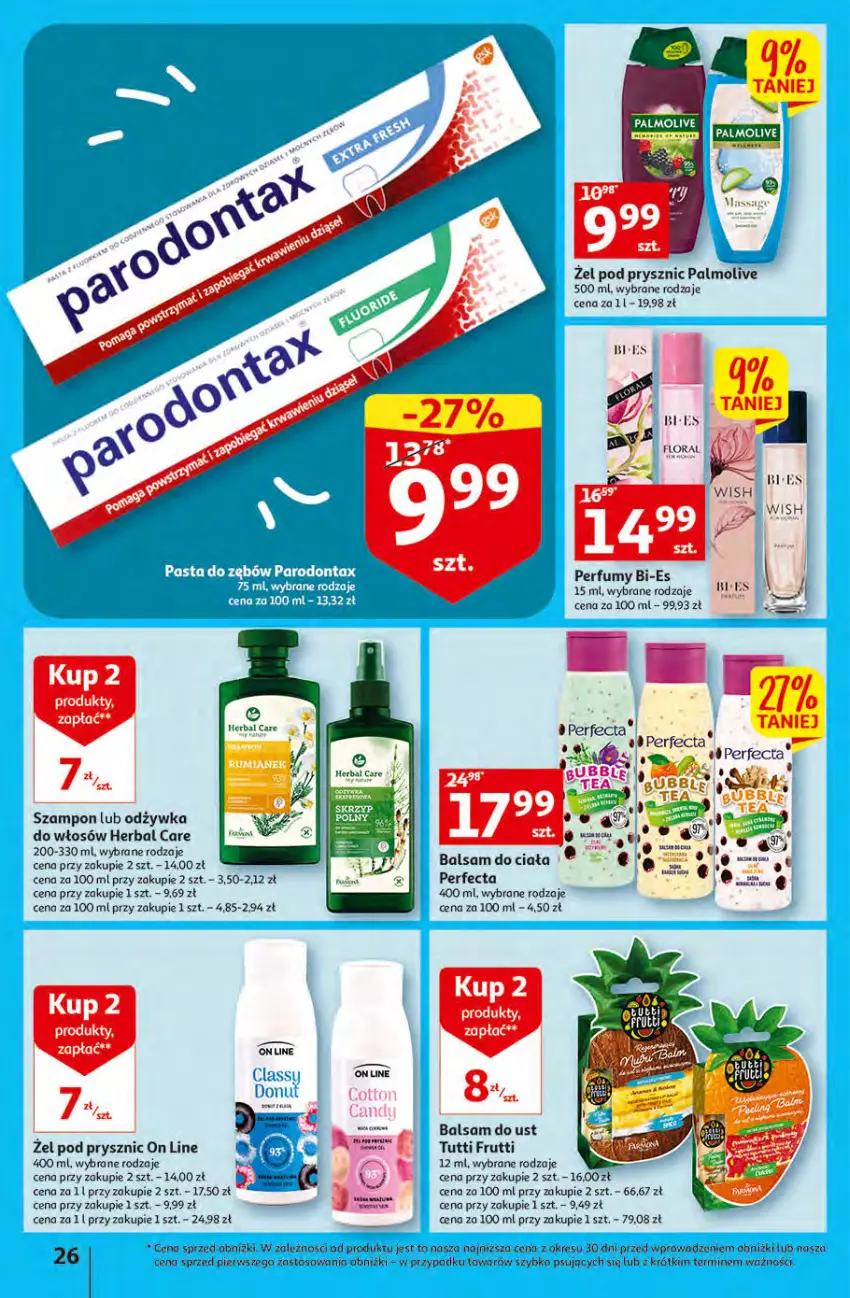 Gazetka promocyjna Auchan - Gazetka Rewelacyjne Wielopaki Hipermarket Auchan - ważna 23.02 do 01.03.2023 - strona 26 - produkty: Balsam do ciała, Balsam do ust, Flora, O nas, Odżywka, Palmolive, Perfecta, Perfum, Szampon