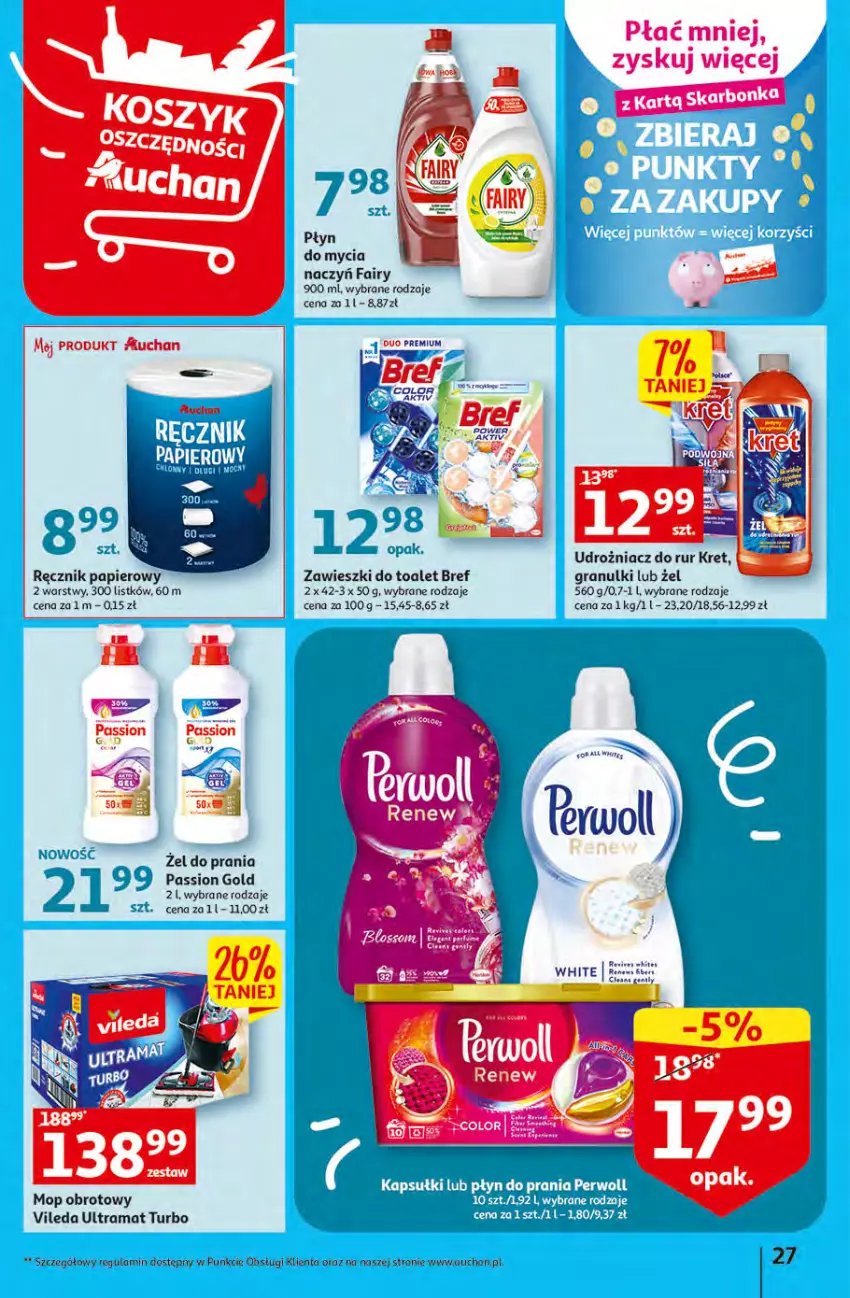 Gazetka promocyjna Auchan - Gazetka Rewelacyjne Wielopaki Hipermarket Auchan - ważna 23.02 do 01.03.2023 - strona 27 - produkty: Bref, Do mycia naczyń, Fa, Fairy, Gra, Kosz, Kret, Mop, Papier, Płyn do mycia, Płyn do mycia naczyń, Rama, Ręcznik, Vileda, Zawieszki