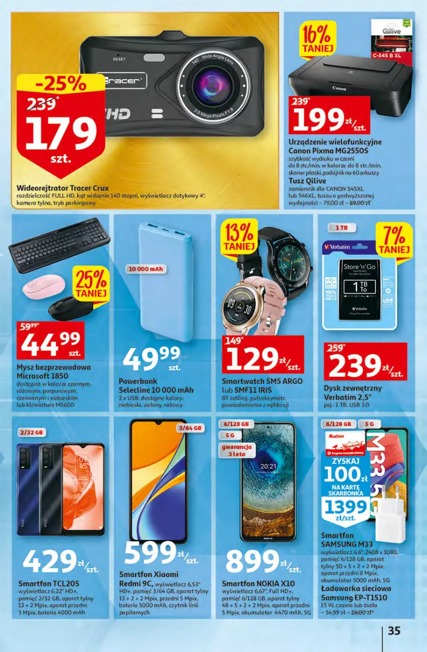 Gazetka promocyjna Auchan - Gazetka Rewelacyjne Wielopaki Hipermarket Auchan - ważna 23.02 do 01.03.2023 - strona 35 - produkty: Acer, Akumulator, Bateria, Canon, Clin, Kamera, Mysz, Mysz bezprzewodowa, Nokia, Powerbank, Pulsoksymetr, Samsung, Skaner, Smartfon, Smartwatch, Sok, Top, Tusz, Urządzenie wielofunkcyjne, Warka