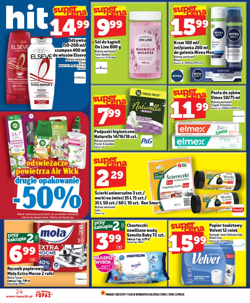 Gazetka promocyjna Topaz - Gazetka - ważna 19.02 do 25.02.2026 - strona 24 - produkty: Chusteczki, Colgate, Elmex, LG, Mola, Naturell, Naturella, Nivea, Nivea Men, Palmolive, Papier, Papier toaletowy, Pasta do zębów, Podpaski, Ręcznik, Rum, Sito, Sól, Sól do kąpieli, Szampon, Top, Velvet, Worki na śmiec, Worki na śmieci