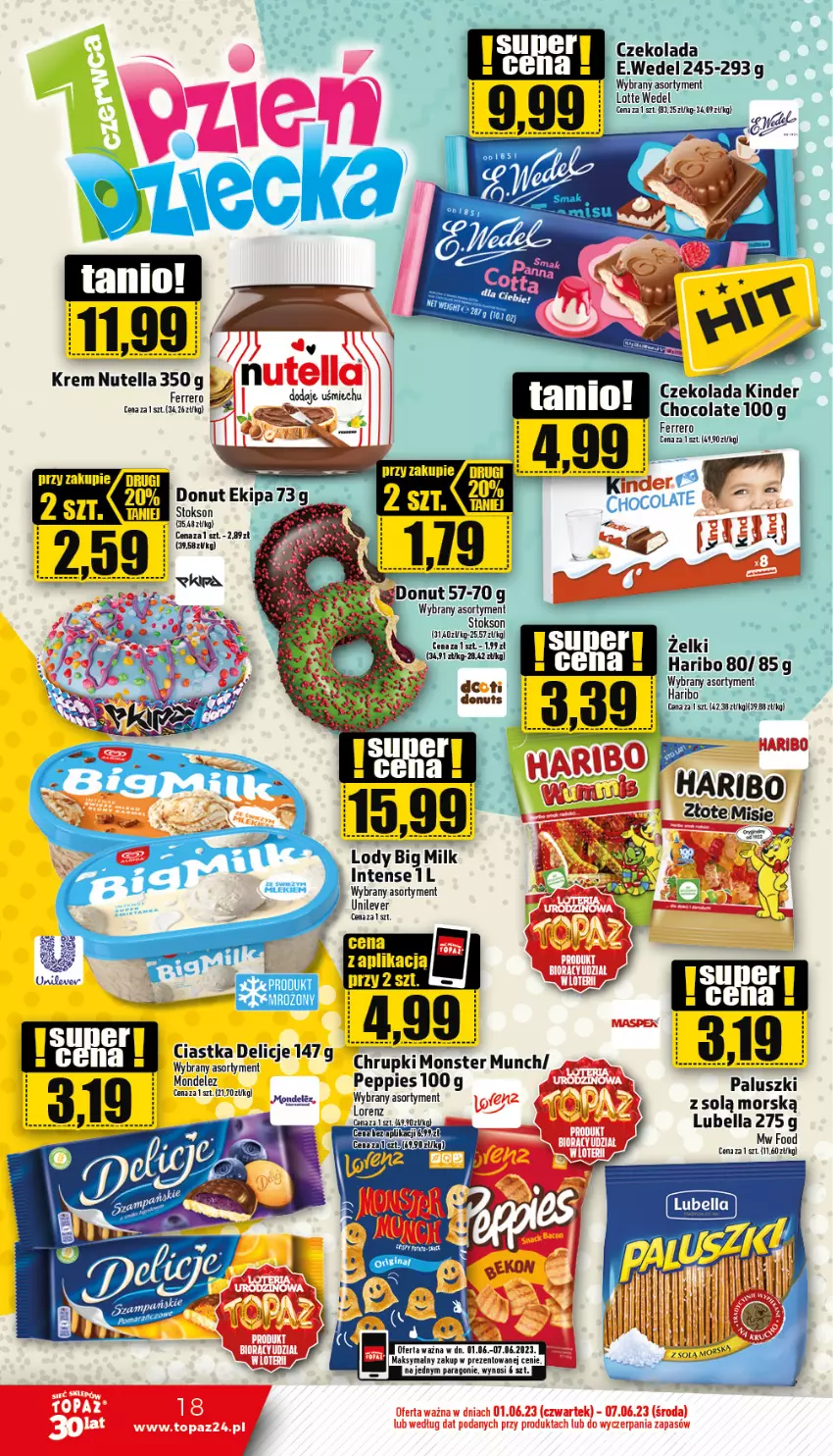 Gazetka promocyjna Topaz - Gazetka - ważna 01.06 do 07.06.2023 - strona 18 - produkty: Bell, Bella, Big Milk, Czekolada, Donut, Ferrero, Haribo, Lody, Lubella, Monster Munch, Nutella