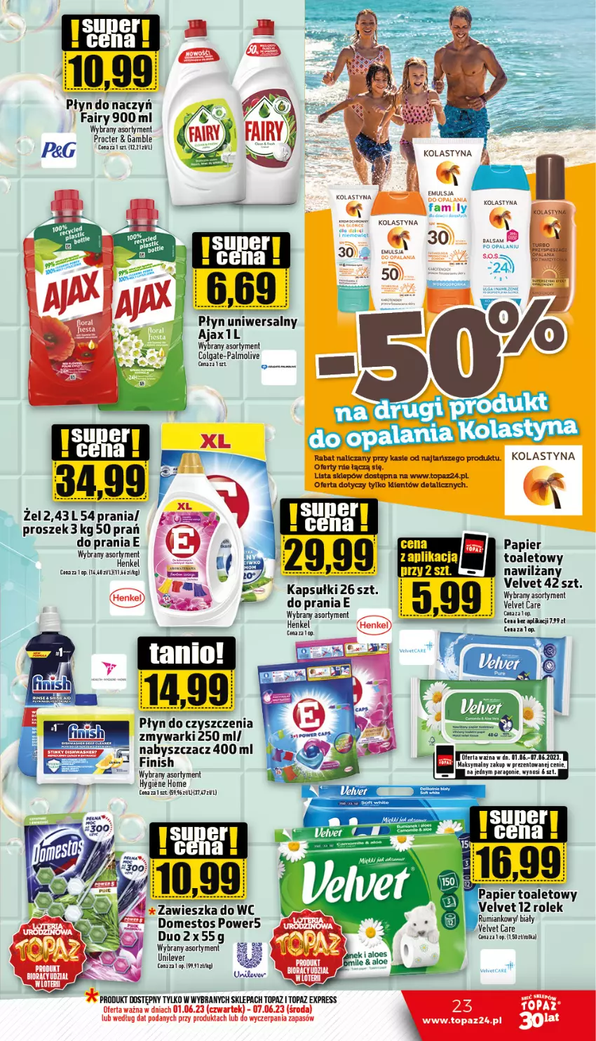 Gazetka promocyjna Topaz - Gazetka - ważna 01.06 do 07.06.2023 - strona 23 - produkty: Ajax, Colgate, Domestos, Emulsja, Fa, Fairy, Finish, LG, Mus, Palmolive, Papier, Top, Velvet, Zawieszka do wc, Zmywarki