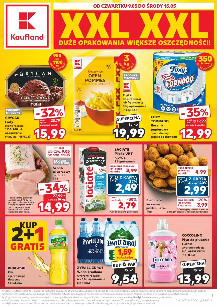 Gazetka promocyjna Kaufland - Gazetka tygodnia - ważna 09.05 do 15.05.2024 - strona 1 - produkty: Coccolino, Foxy, Frytki, Gra, Gry, Kujawski, LANA, Lody, Mleko, Olej, Papier, Piekarnik, Płyn do płukania, Rama, Ręcznik, Schab wieprzowy, Sok, Woda, Ziemniaki