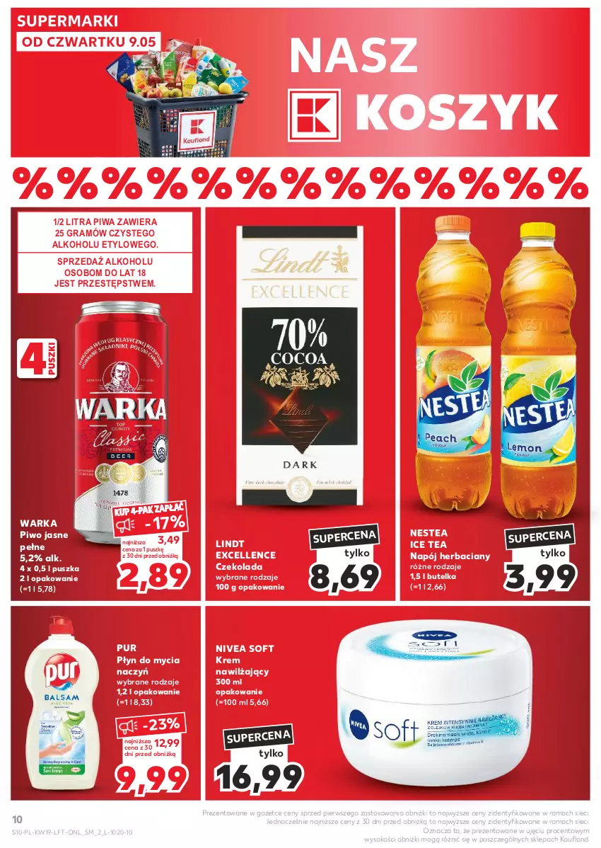 Gazetka promocyjna Kaufland - Gazetka tygodnia - ważna 09.05 do 15.05.2024 - strona 10 - produkty: Czekolada, Do mycia naczyń, Gra, Ice tea, Kosz, Krem nawilżający, Lindt, Napój, Nestea, Nivea, Piwa, Piwo, Piwo jasne, Płyn do mycia, Płyn do mycia naczyń, Pur, Rama, Sok, Warka