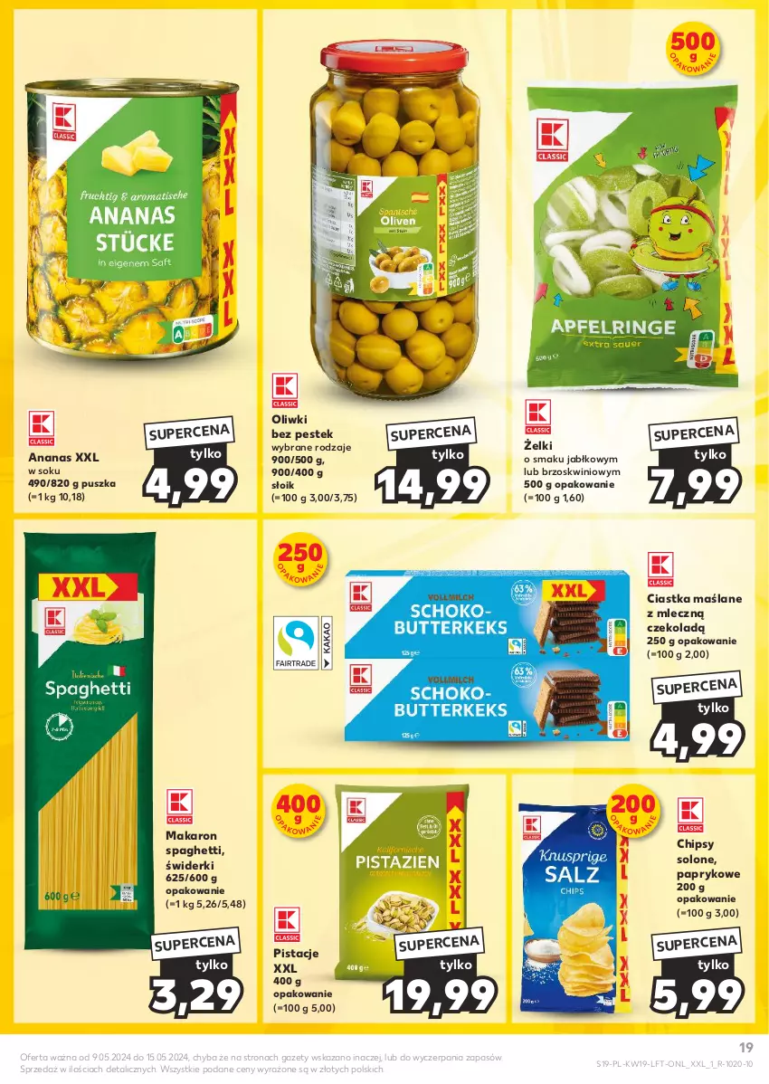 Gazetka promocyjna Kaufland - Gazetka tygodnia - ważna 09.05 do 15.05.2024 - strona 19 - produkty: Ananas, Chipsy, Ciastka, Makaron, Oliwki, Pistacje, Sok, Spaghetti, Stek