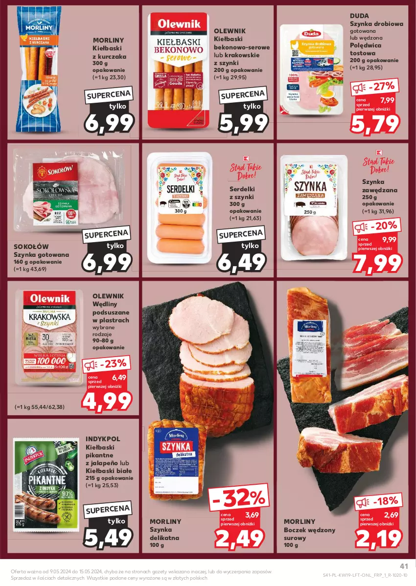 Gazetka promocyjna Kaufland - Gazetka tygodnia - ważna 09.05 do 15.05.2024 - strona 41 - produkty: Beko, Boczek, Duda, Kiełbaski białe, Kurczak, Morliny, Olewnik, Polędwica, Ser, Serdelki, Sok, Sokołów, Szynka