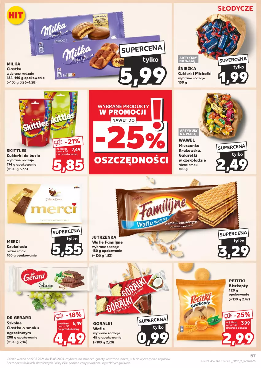 Gazetka promocyjna Kaufland - Gazetka tygodnia - ważna 09.05 do 15.05.2024 - strona 57 - produkty: Biszkopty, Ciastka, Cukier, Cukierki, Czekolada, Dr Gerard, Fa, Gala, Galaretki, Góralki, Gres, Jutrzenka, Merci, Michałki, Milka, Wafle, Wawel