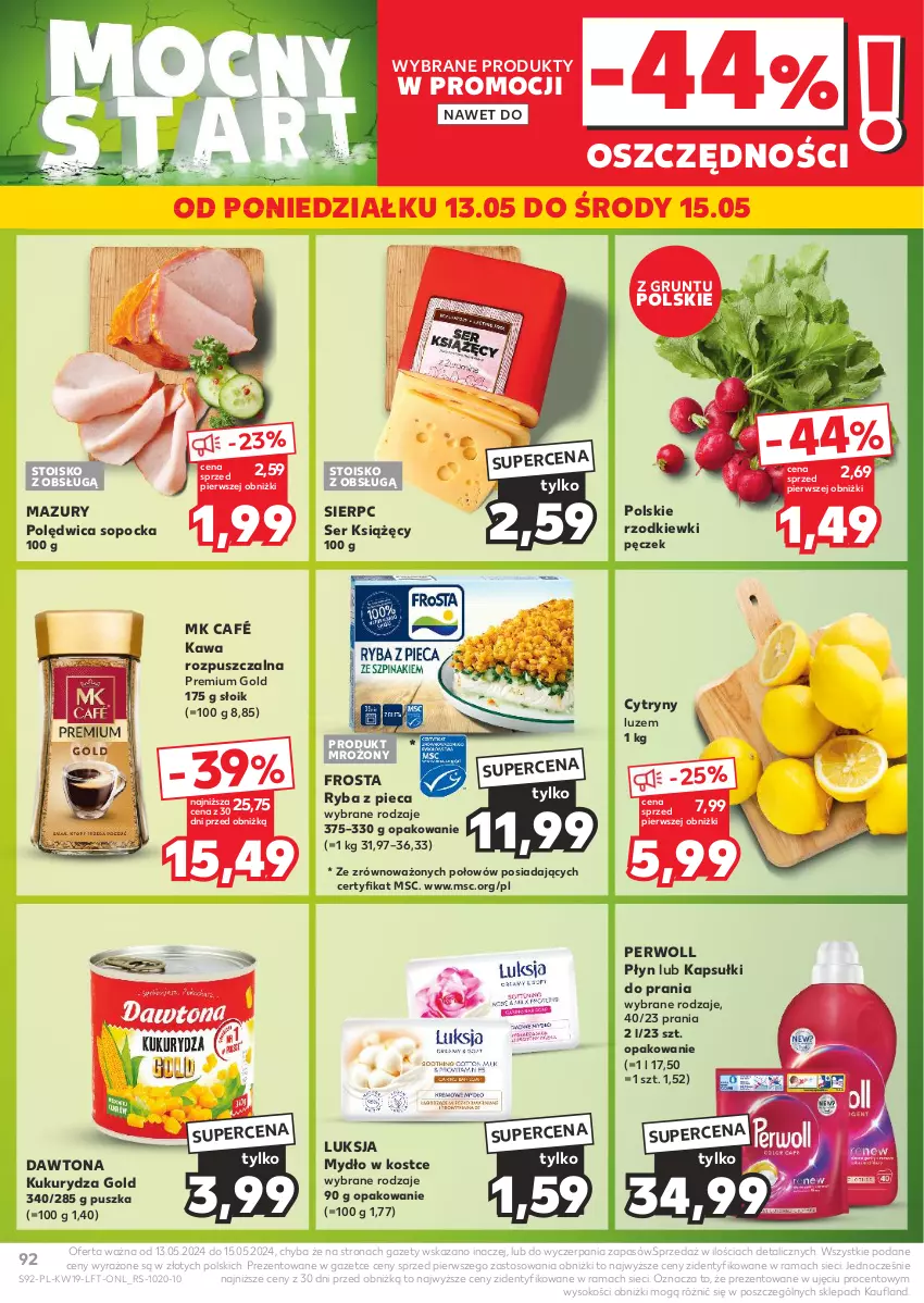 Gazetka promocyjna Kaufland - Gazetka tygodnia - ważna 09.05 do 15.05.2024 - strona 92 - produkty: Cytryny, Dawtona, Frosta, Grunt, Kapsułki do prania, Kawa, Kawa rozpuszczalna, Kukurydza, Luksja, Mydło, Perwoll, Piec, Polędwica, Rama, Ryba, Ser, Sok