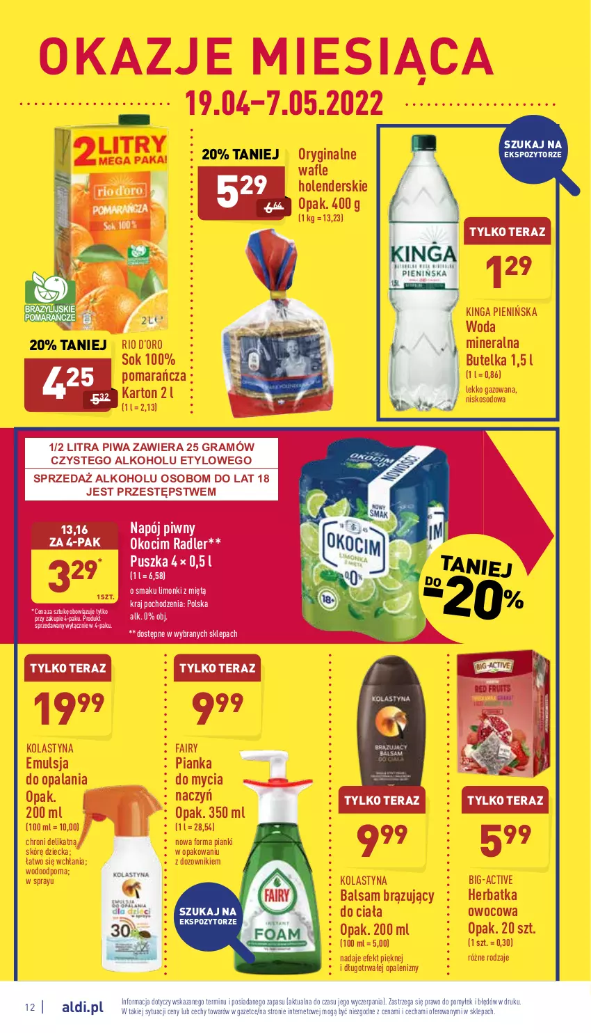 Gazetka promocyjna Aldi - Katalog spożywczy - ważna 02.05 do 07.05.2022 - strona 12 - produkty: Do mycia naczyń, Dozownik, Emulsja, Fa, Fairy, Gin, Gra, Koc, Napój, Okocim, Piwa, Por, Radler, Sok, Tera, Wafle, Woda, Woda mineralna