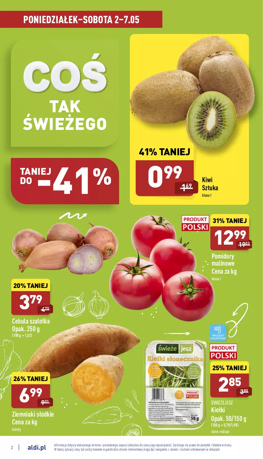 Gazetka promocyjna Aldi - Katalog spożywczy - ważna 02.05 do 07.05.2022 - strona 2 - produkty: Cebula, Cebula szalotka, Kiełki, Kiwi, Pomidory, Szal, Ziemniaki