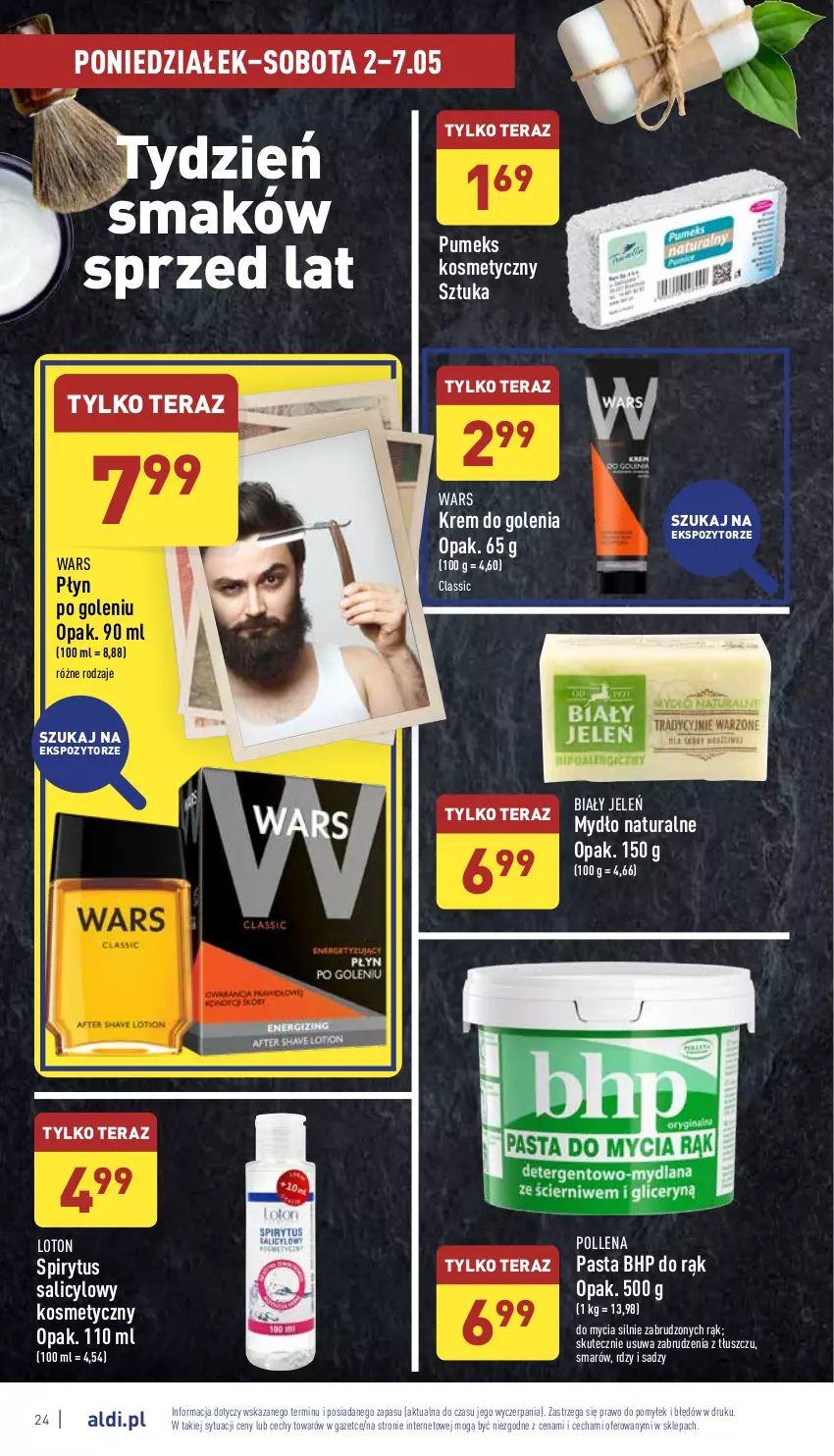 Gazetka promocyjna Aldi - Katalog spożywczy - ważna 02.05 do 07.05.2022 - strona 24 - produkty: Biały Jeleń, HP, Krem do golenia, Mydło, Pumeks, Spirytus salicylowy, Tera