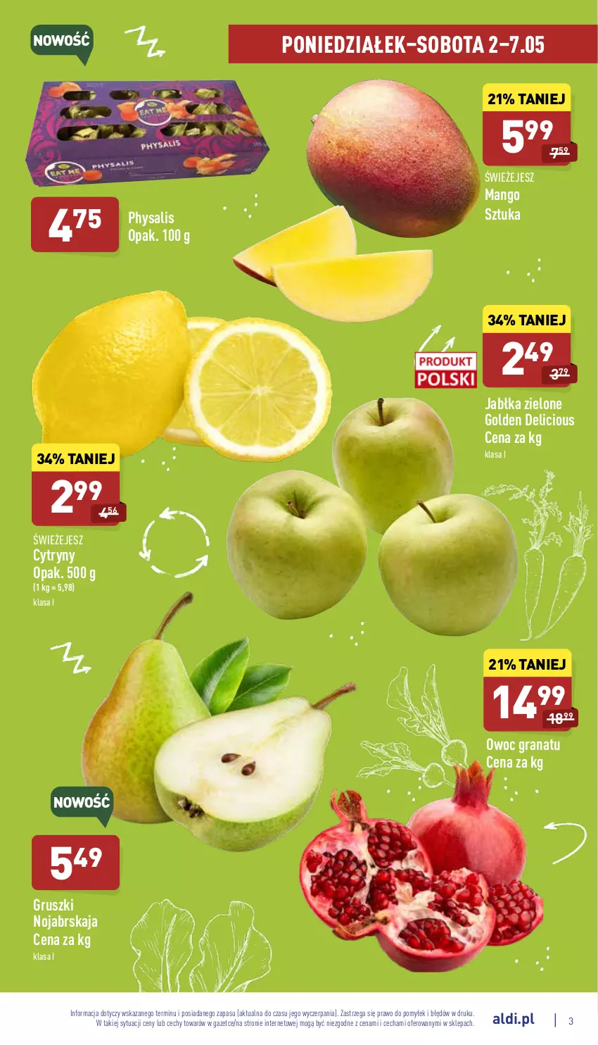 Gazetka promocyjna Aldi - Katalog spożywczy - ważna 02.05 do 07.05.2022 - strona 3 - produkty: Cytryny, Gra, Granat, Gruszki, Jabłka, Mango