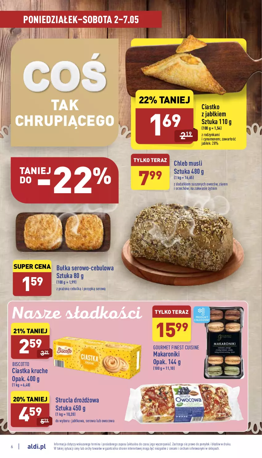 Gazetka promocyjna Aldi - Katalog spożywczy - ważna 02.05 do 07.05.2022 - strona 6 - produkty: Bułka, Chleb, Ciastka, Makaron, Mus, Ser, Strucla, Tera