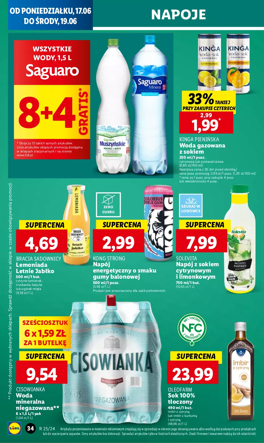 Gazetka promocyjna Lidl - GAZETKA - ważna 17.06 do 19.06.2024 - strona 36 - produkty: Bazyl, Bazylia, Cisowianka, Fa, Gra, Imbir, Lemoniada, Mięta, Napój, Napój energetyczny, Napoje, Ogórek, Oleo, Oleofarm, Sok, Woda, Woda gazowana, Woda mineralna